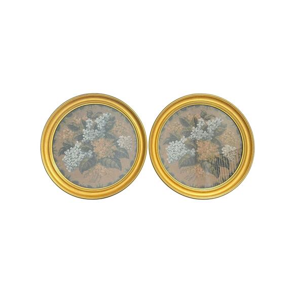 Vintage Handmade 1950s Beaded Floral Needlepoint Round Framed Set of 2